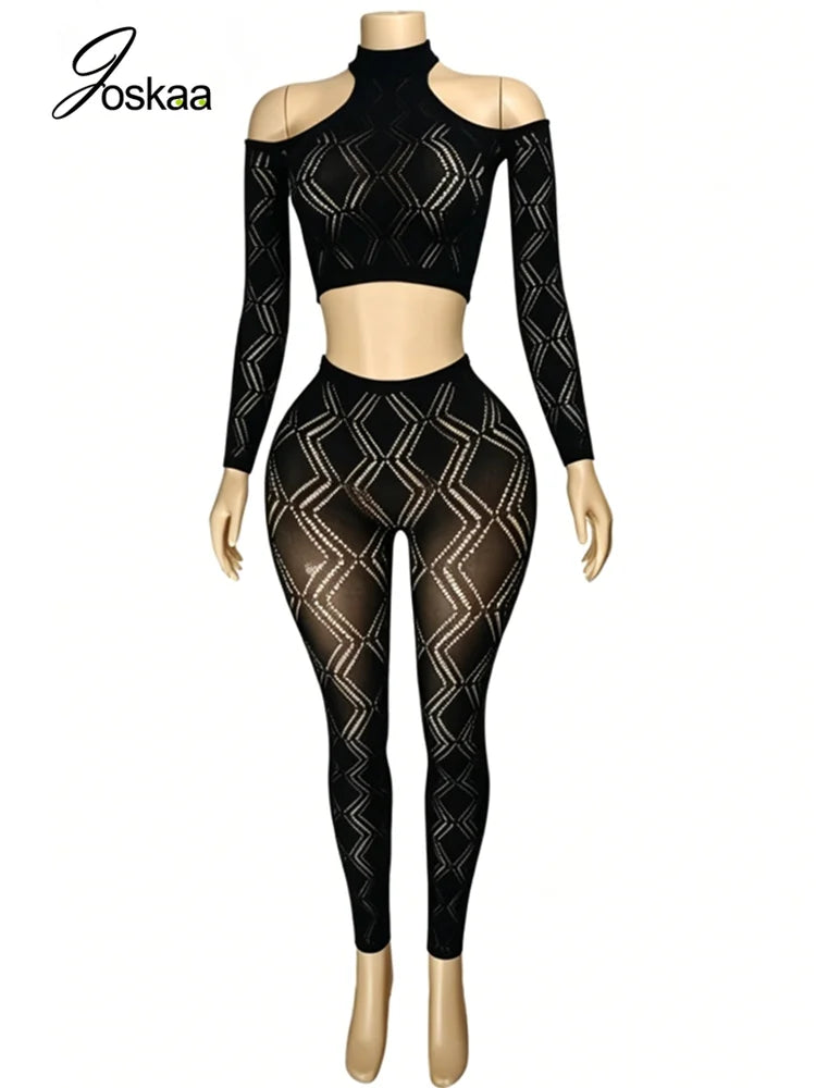 Women's Cutout Long Sleeve Crop Two Piece Set Black – Detail View