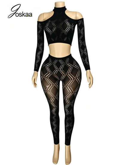 Women's Cutout Long Sleeve Crop Two Piece Set Black – Detail View
