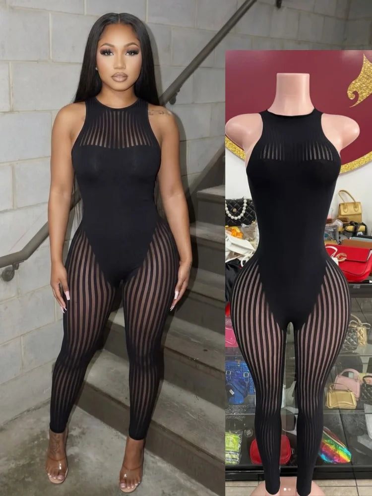Women's Stripe Mesh Sleeveless Bodycon Romper Black – Detail View