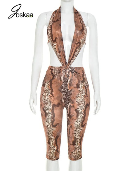 Women's Snake Print V-neck Halter Sleeveless Romper - Back View