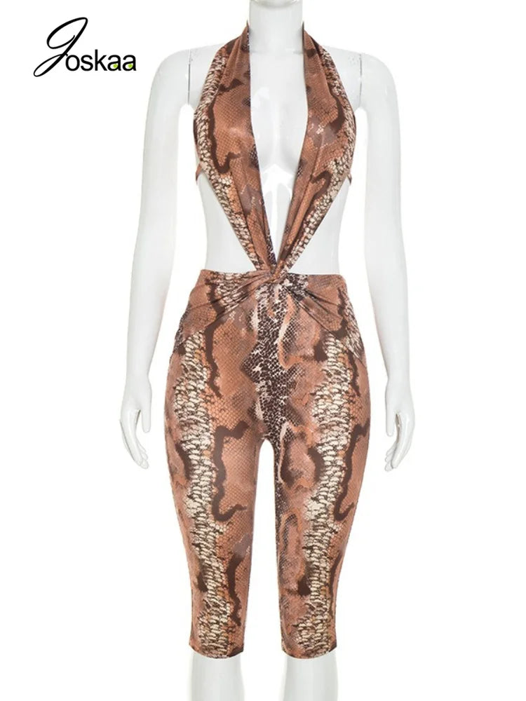 Women's Snake Print V-neck Halter Sleeveless Romper - Back View