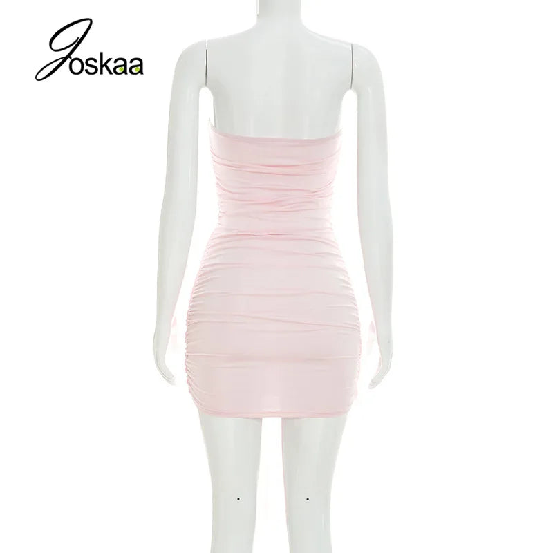 Women's Mesh Ruched Backless Strapless Mini Dress Pink – Detail View