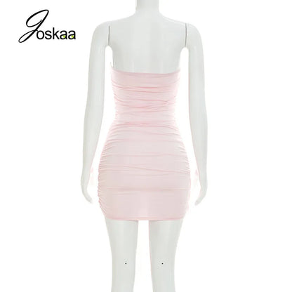 Women's Mesh Ruched Backless Strapless Mini Dress Pink – Detail View