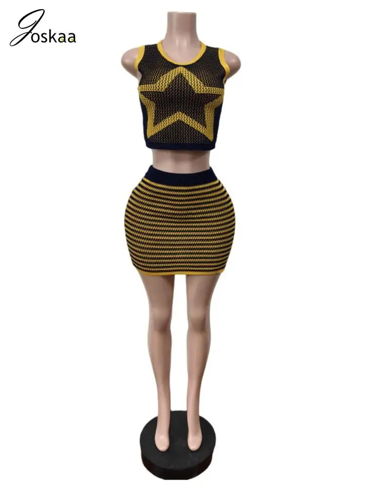 Women's Stripe Knit Crop Mini Two Piece Set Dark Blue – Side View