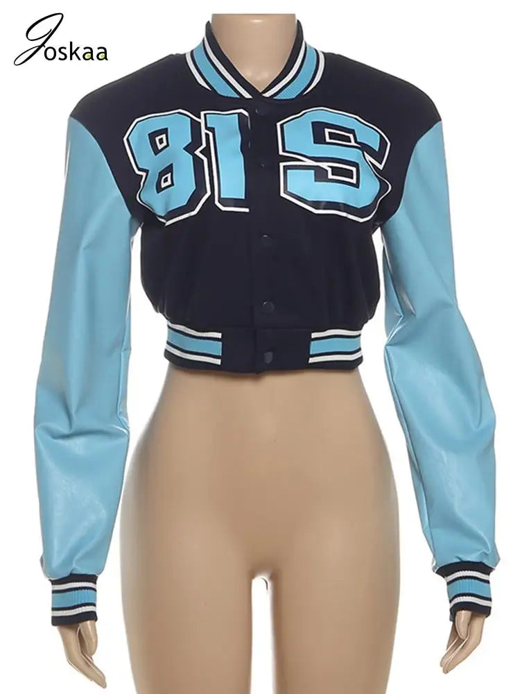 Women's Letter Print Faux Leather Crop Jacket Blue – Back View