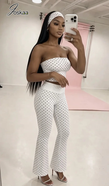 Women's Polka Dot Strapless Crop Two Piece Set White – Front View