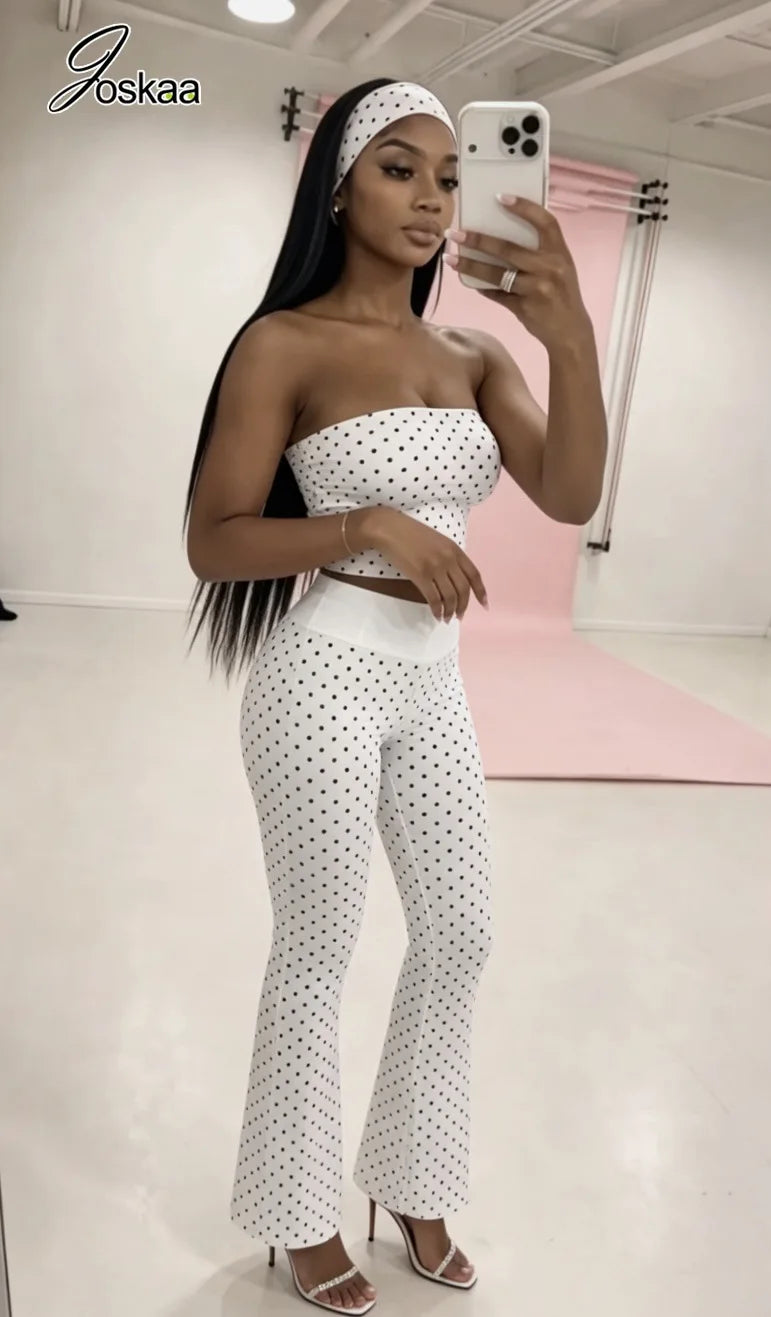 Women's Polka Dot Strapless Crop Two Piece Set White – Front View