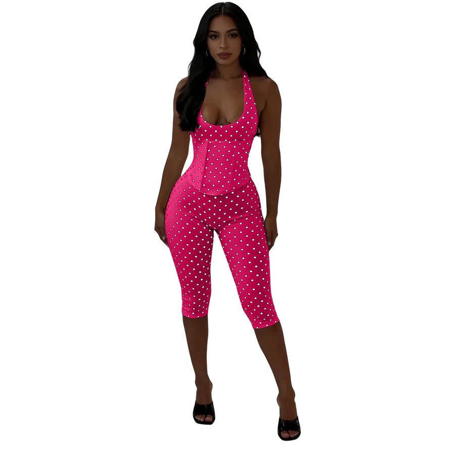 Women's Polka Dot Backless Halter Two Piece Set