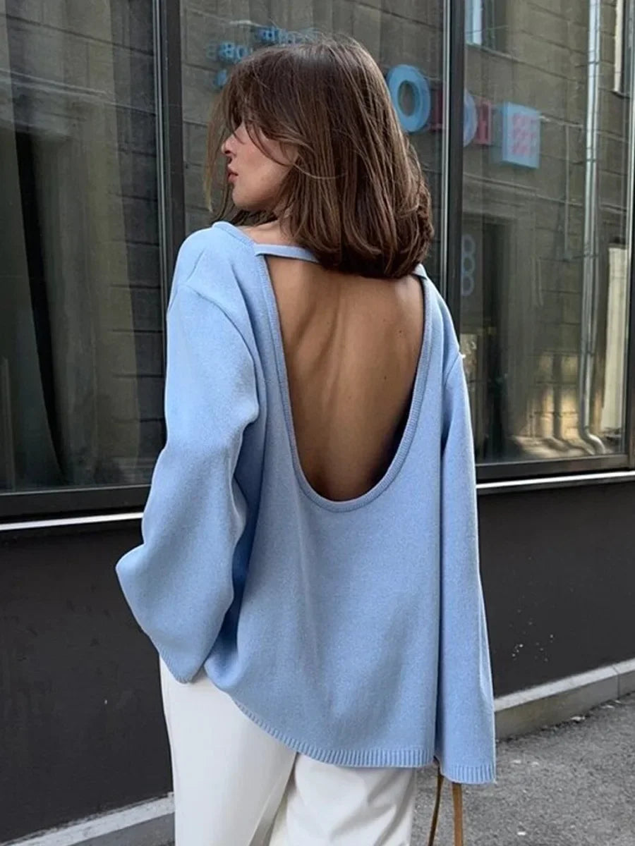 Women's Knit Backless Long Sleeve Ribbed Top – Women's Fashion Wholesale – Front View