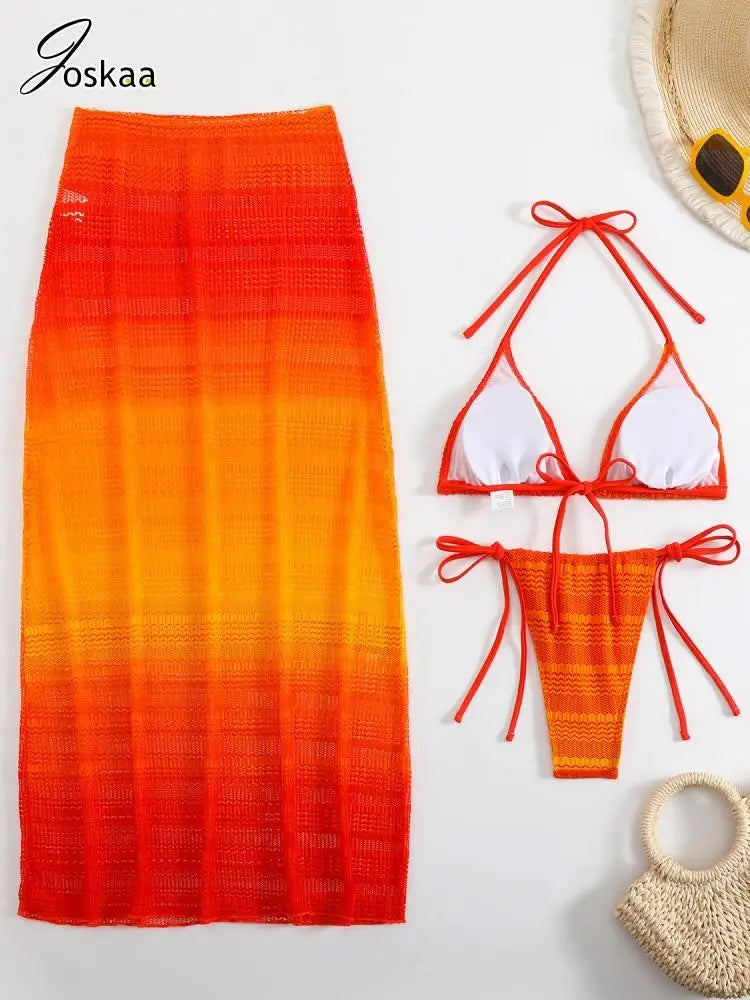 Women's Mesh Swimwear Gradient 3-piece Bikini Set Rose Red – Detail View