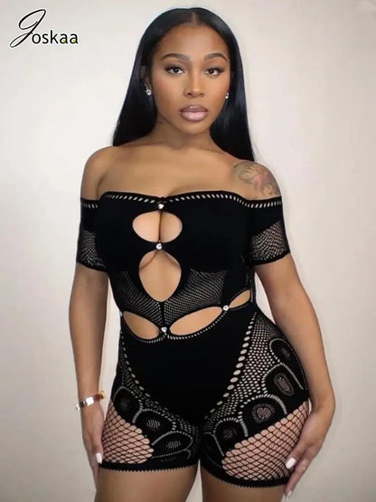 Women's Rhinestone Cutout Short Sleeve Romper Black – Side View