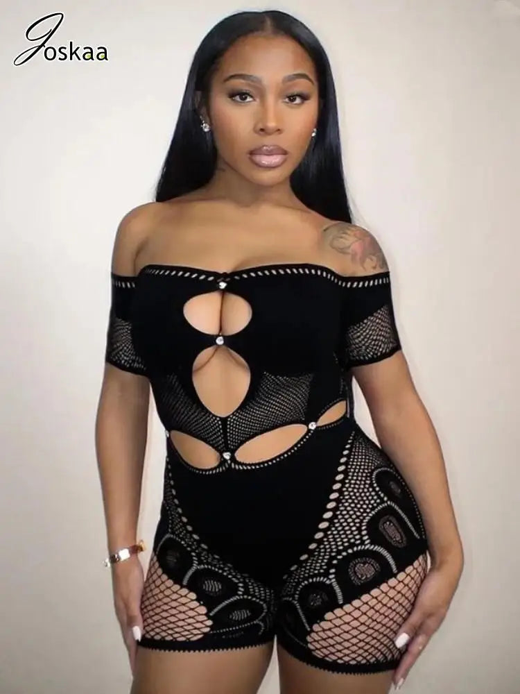 Women's Rhinestone Cutout Short Sleeve Romper Black – Side View