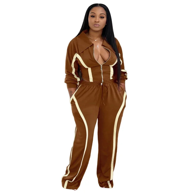 Women's Stripe Crop Flare Zip Wide Leg Two Piece Set
