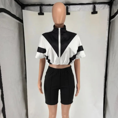 Women's Short Sleeve Crop Zip Two Piece Set