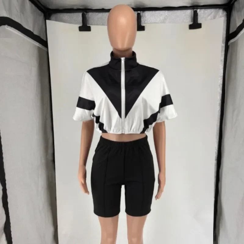 Women's Short Sleeve Crop Zip Two Piece Set
