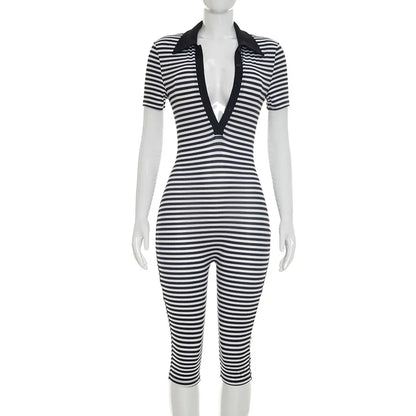 Women's Stripe Short Sleeve Crop Bodycon Romper