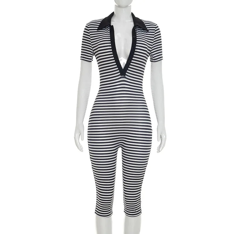 Women's Stripe Short Sleeve Crop Bodycon Romper