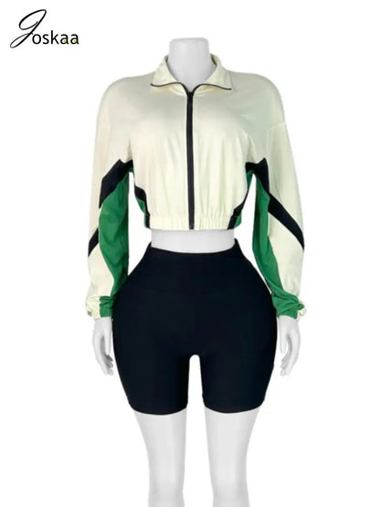Women's Long Sleeve Crop Zip Two Piece Set Green – Back View