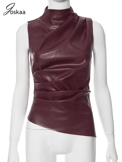 Women's Faux Leather Zip Stretch Vests Top Black – Back View