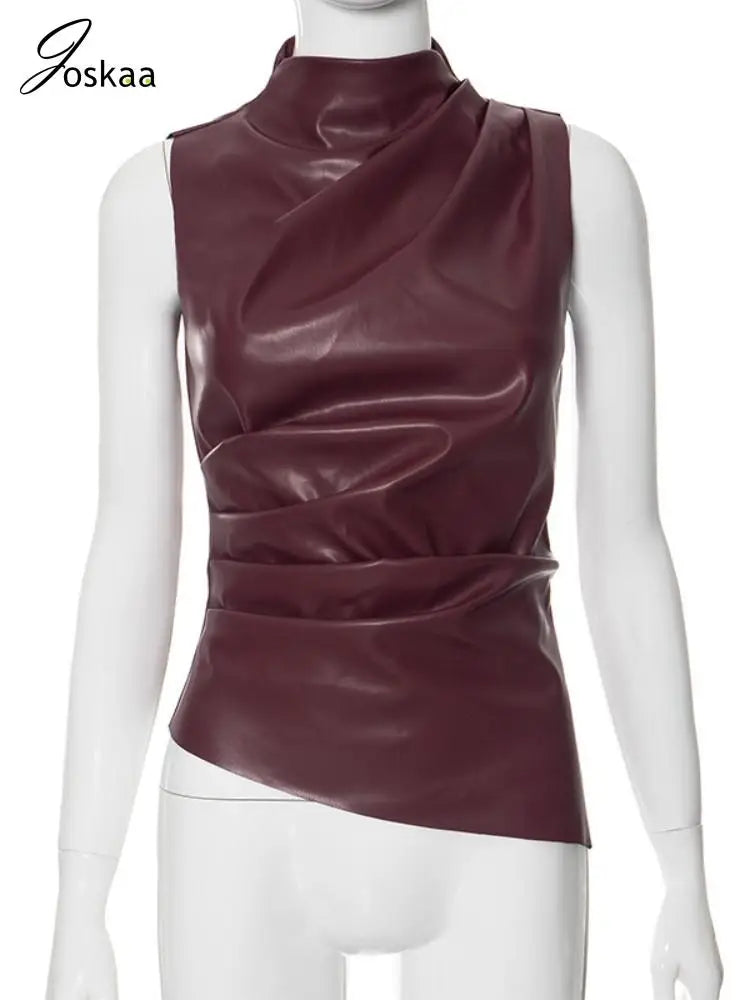Women's Faux Leather Zip Stretch Vests Top Black – Back View