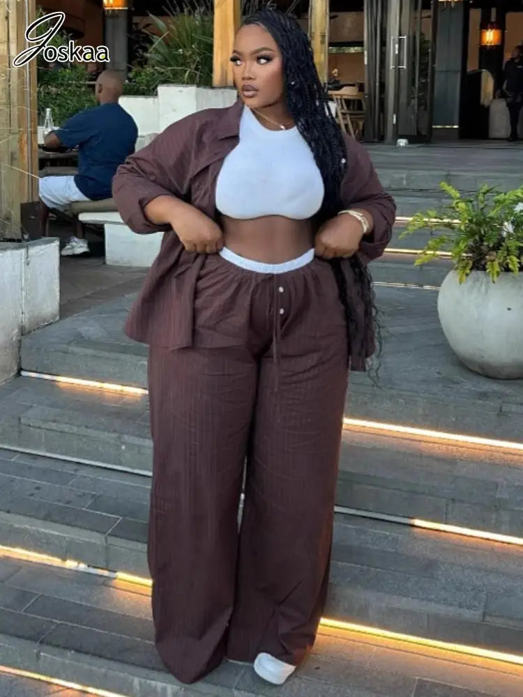 Women's Stripe Long Sleeve Flare Two Piece Set Coffee – Front View