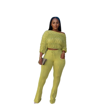 Women's Ruched Long Sleeve Crop Two Piece Set