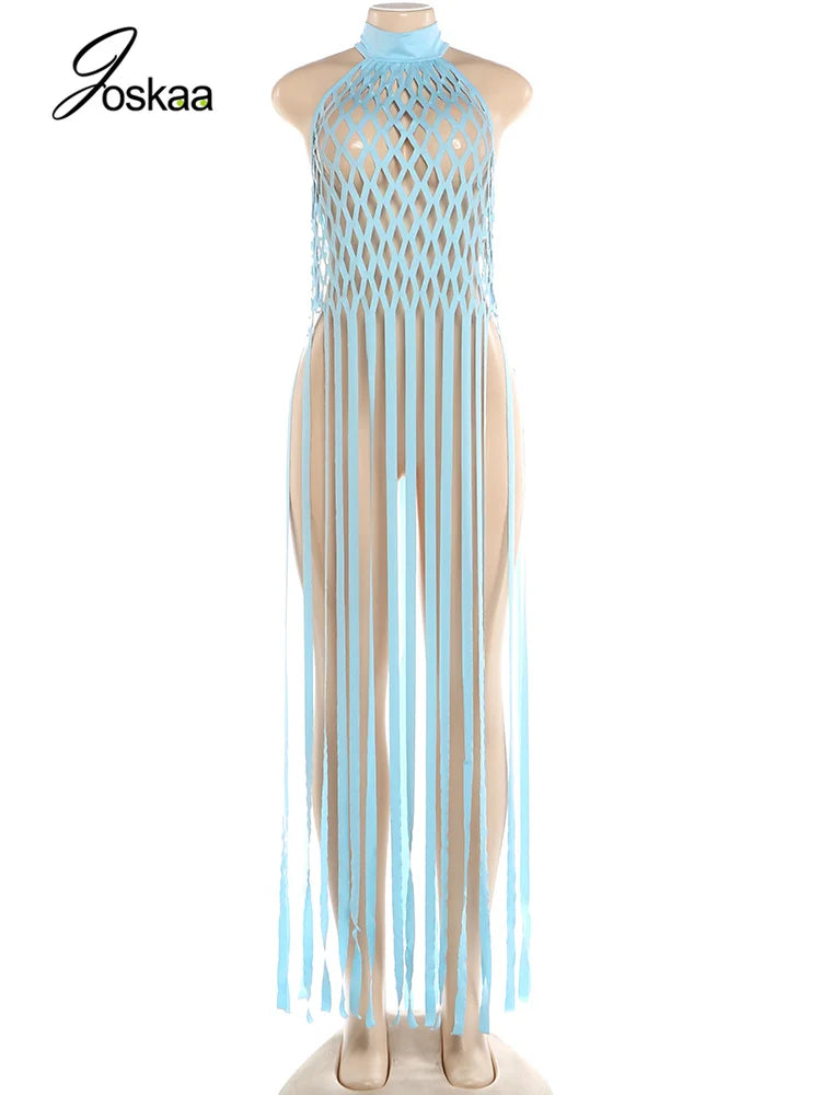Women's Mesh Backless Cutout Halter Top Fishnet Tassel Tank - Back View