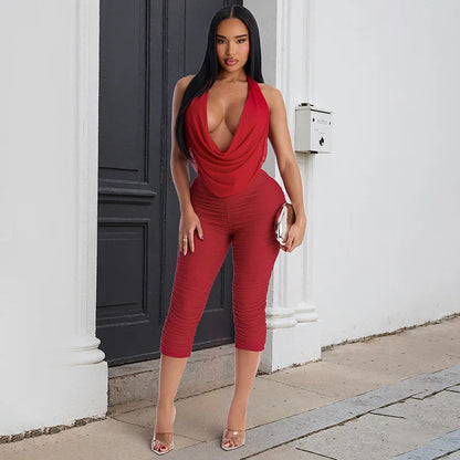 Women's Mesh Backless Halter Two Piece Set