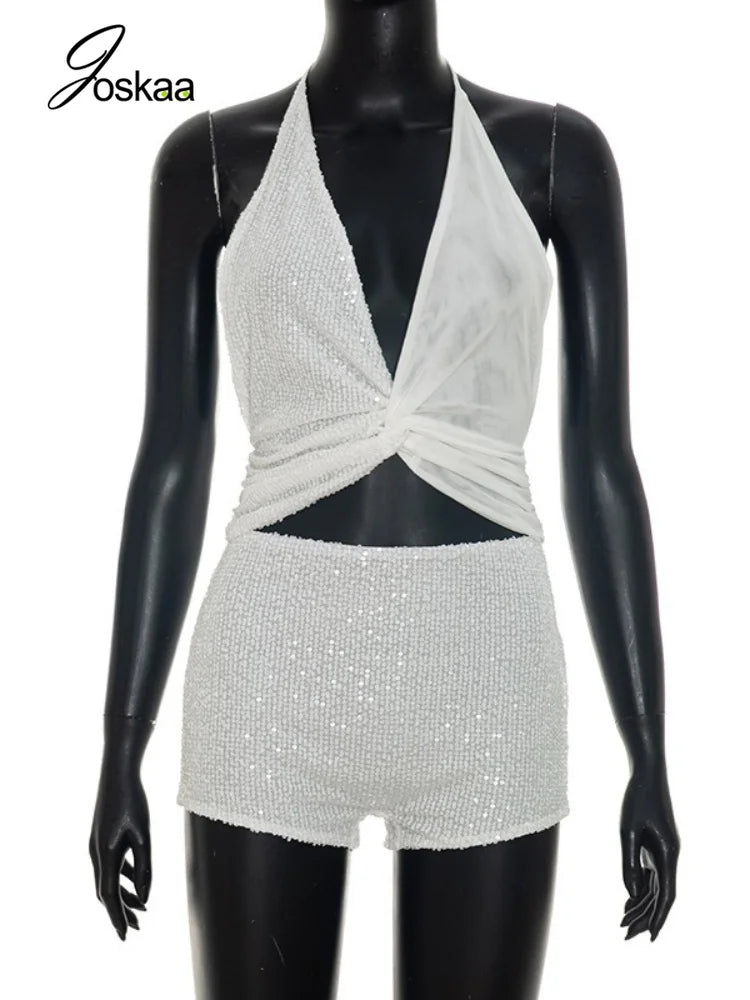 Women's Sequin Backless V-neck Halter Two Piece Set - Back View