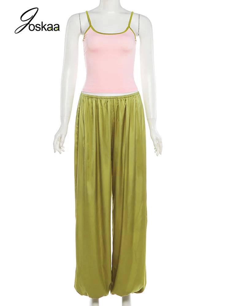 Women's Backless Crop Color Blocking Low-neck Two Piece Set Green – Back View
