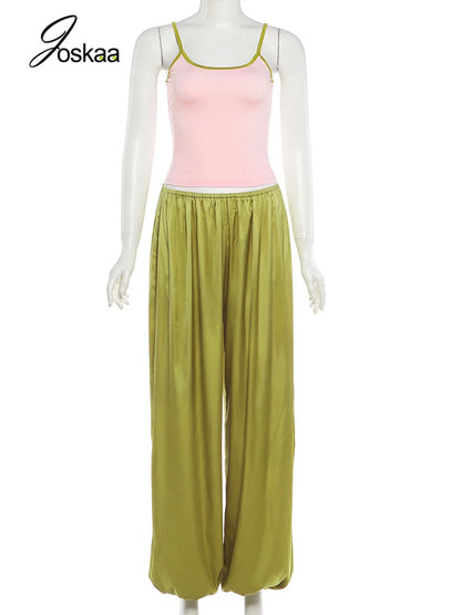 Women's Backless Crop Color Blocking Low-neck Two Piece Set Green – Back View