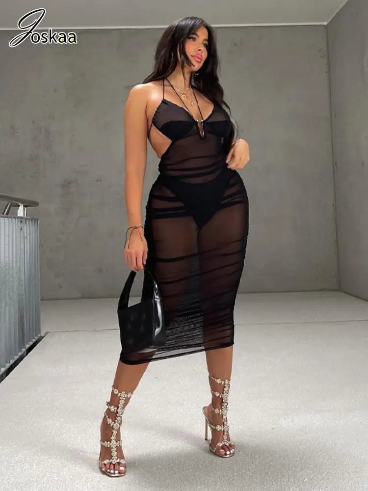 Women's Mesh Backless Halter Black Body-shaping Vestidos Dress Black – Side View