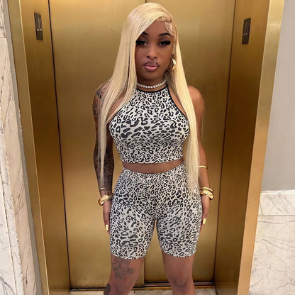 Women's Leopard Print Crop High Waist Two Piece Set