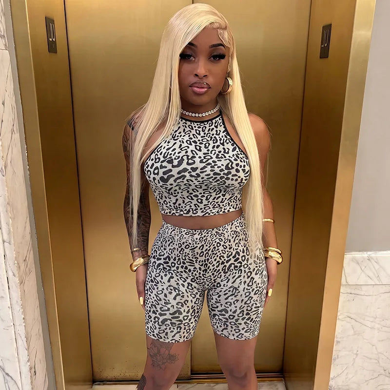 Women's Leopard Print Crop High Waist Two Piece Set