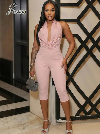 Women's Backless V-neck Halter Sleeveless Romper - Front View