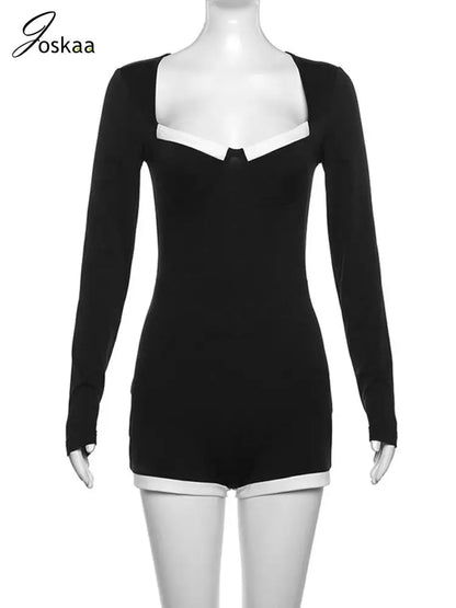 Women's Long Sleeve Bodycon Black and White Romper Black – Side View