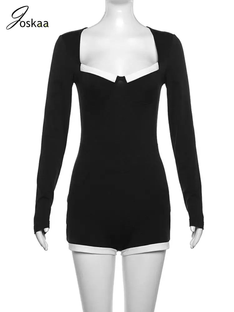 Women's Long Sleeve Bodycon Black and White Romper Black – Side View