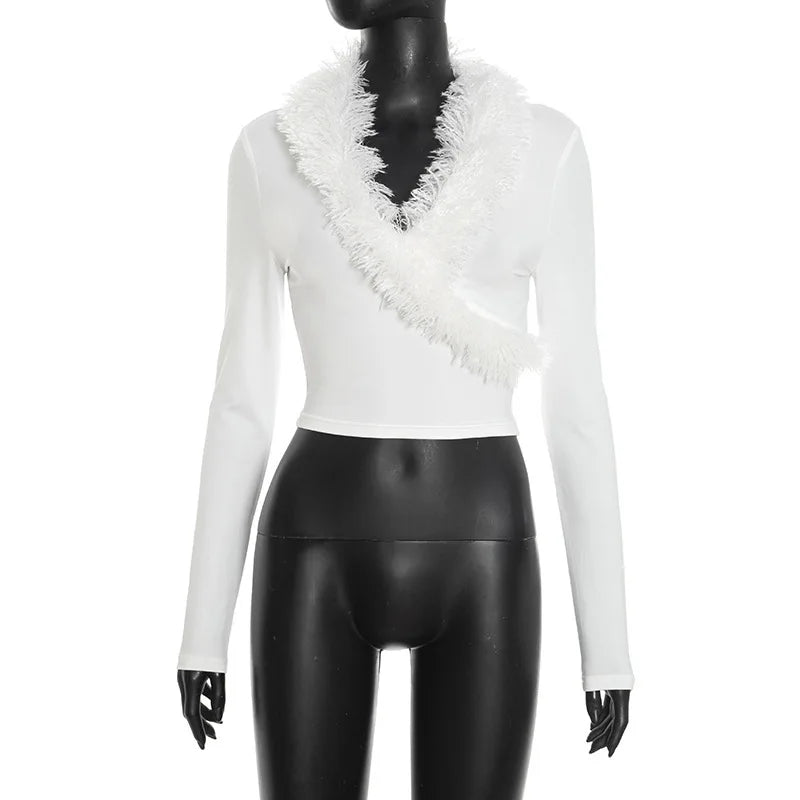 Joskaa Long Sleeve Crop Top Furry Patchwork Tops - top image 5