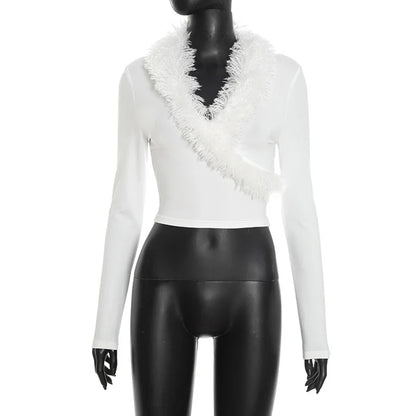 Joskaa Long Sleeve Crop Top Furry Patchwork Tops - top image 5