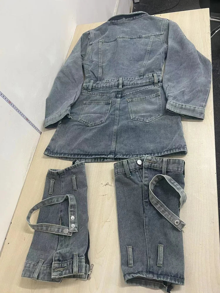 Women's Denim Long Sleeve Mini Two Piece Set 3Pcs Set – Detail View