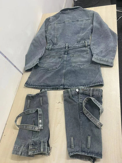 Women's Denim Long Sleeve Mini Two Piece Set 3Pcs Set – Detail View