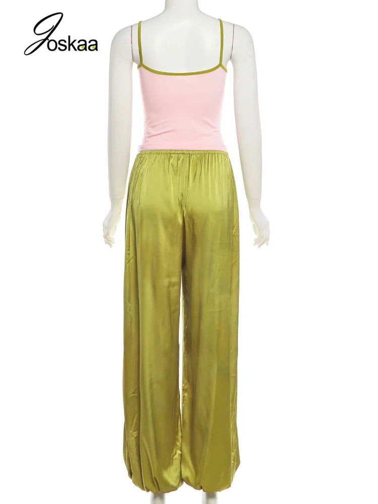 Women's Backless Crop Color Blocking Low-neck Two Piece Set Green – Detail View
