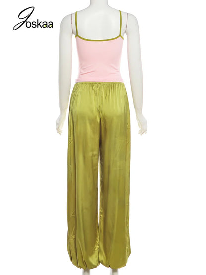 Women's Backless Crop Color Blocking Low-neck Two Piece Set Green – Detail View