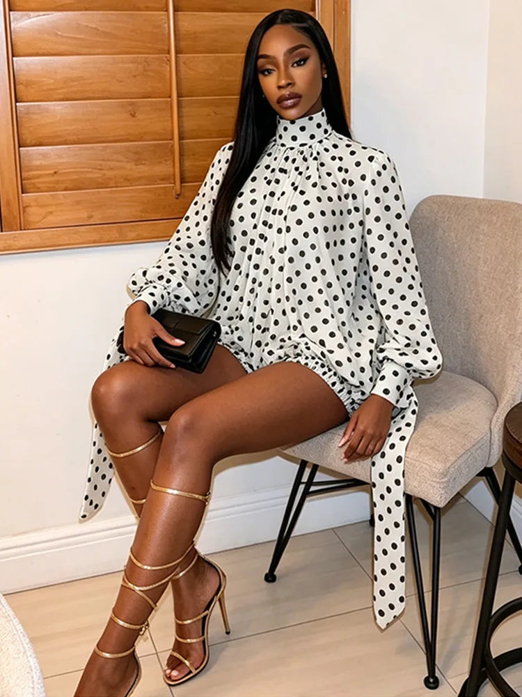 Women's Polka Dot Long Sleeve Mini Dress - Side View