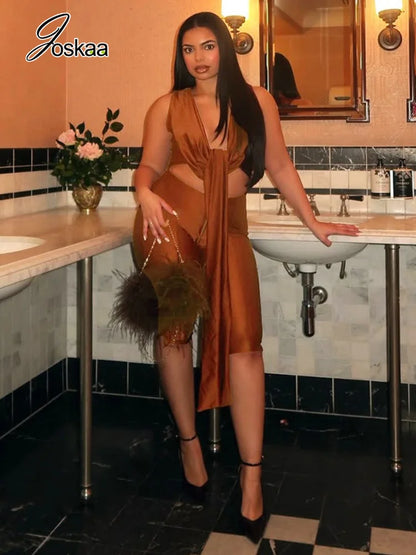 Women's Sleeveless Crop Bodycon Two Piece Set Brown – Front View