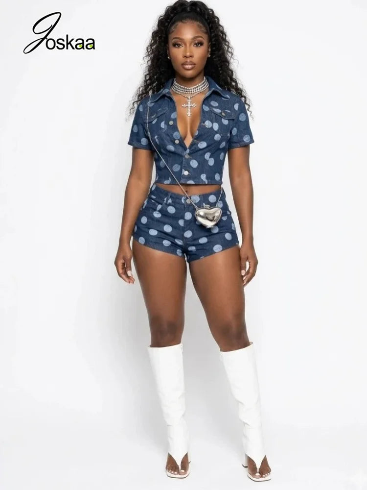 Women's Polka Dot Denim Print Two Piece Set - Front View