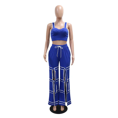 Women's Crop Flare Wide Leg Patchwork Two Piece Set