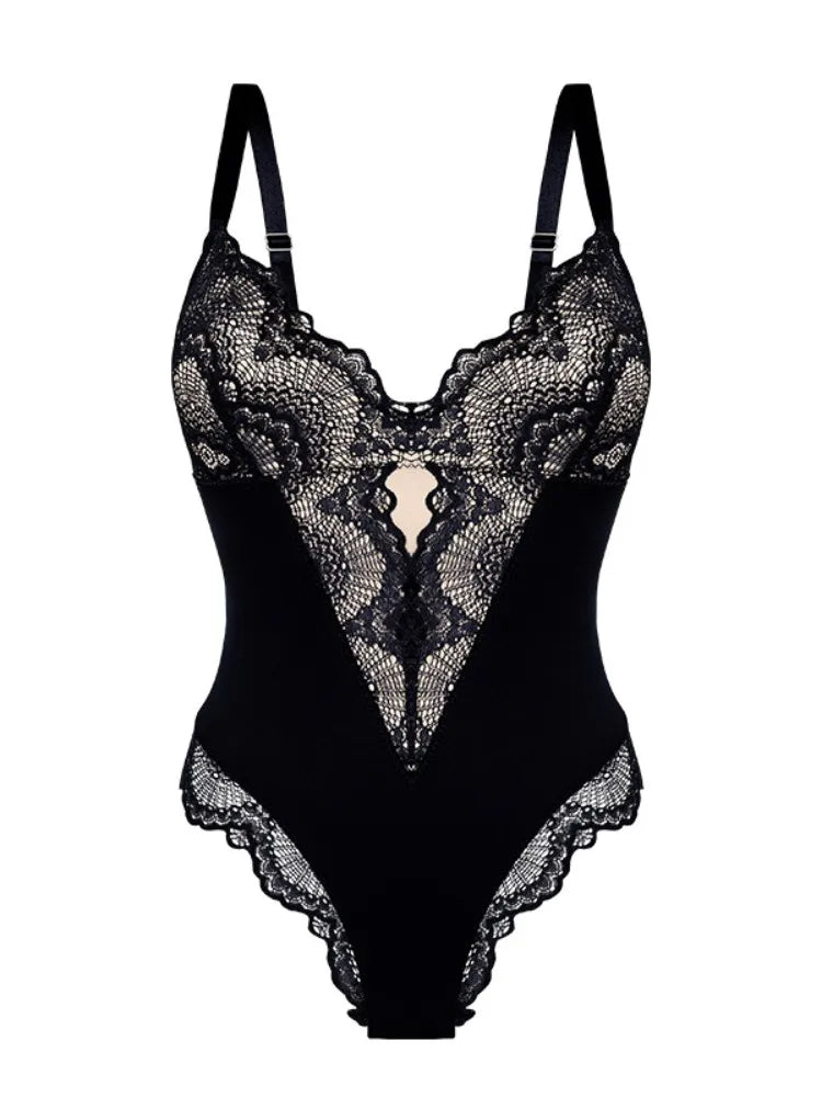 Women's Lace Patchwork Bodysuits V-neck Bodysuit