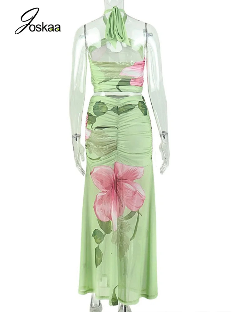 Women's Floral Print Mesh Ruched Two Piece Set Colorful – Detail View