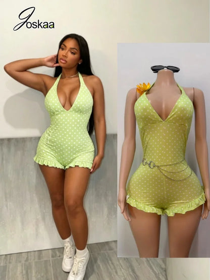 Women's Polka Dot Backless V-neck Halter Romper - Side View
